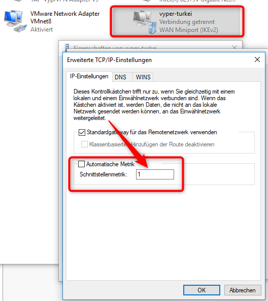 Metrik der IP Verbindung eines VPNs einstellen