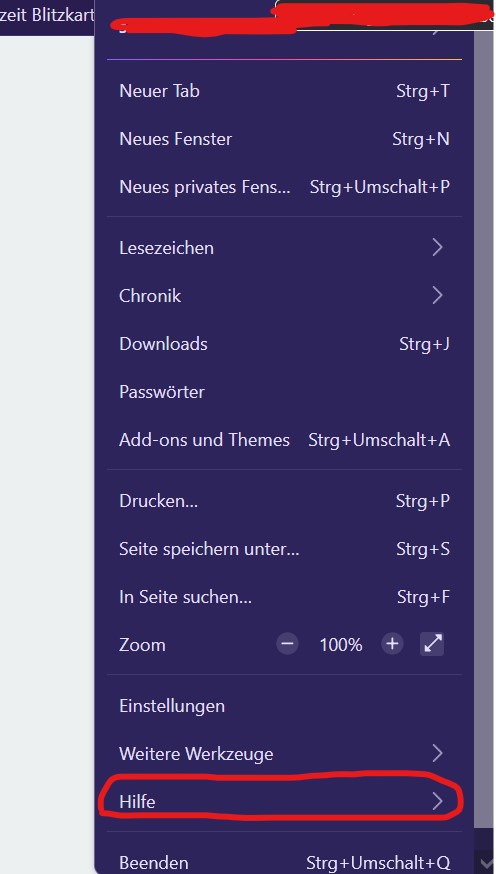 Oben rechts auf die drei Striche das Firefox-Menü aufrufen und auf "Hilfe" klicken