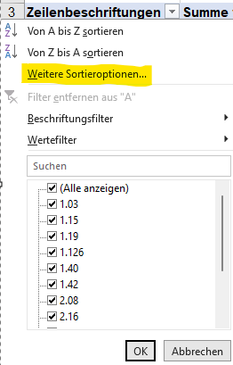 Pivot Weitere Sortieroptionen