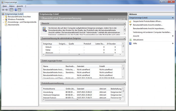 Windows Standard - fehlefreie Ereignis-Anzeige