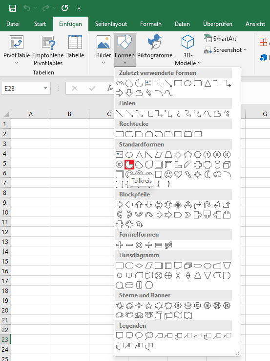 Excel - Menü "Einfuegen" - Kreissegment