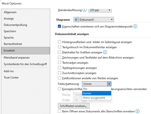 Feldschattierung ausschalten