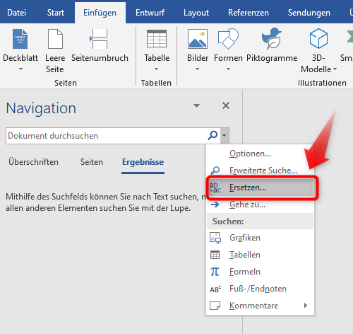 Word 2019 Suchen und ersetzen Dialog