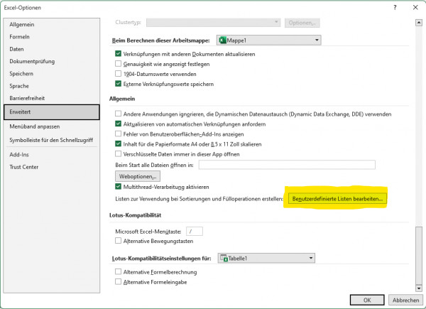 Excel Optionen Erweitert